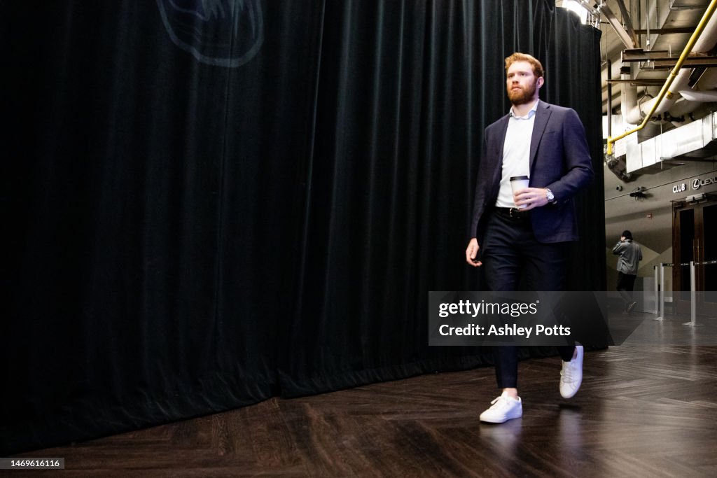 Ryan Compher J.T. Compher of the Colorado Avalanche arrives at Ball Arena ahead of ...