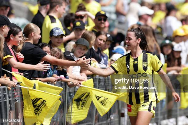 Michaela Foster of the Phoenix greets fans during the round 15 A-League Women's match between Wellington Phoenix and Sydney FC at North Harbour...