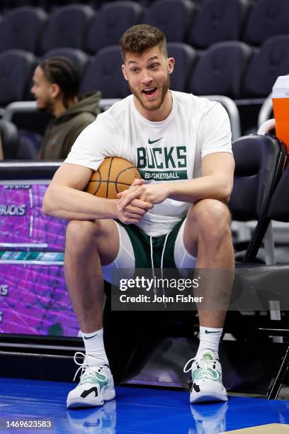 Meyers Leonard of the Milwaukee Bucks whom was signed to a 10 day contract works out before the game against the Miami Heat at Fiserv Forum on...