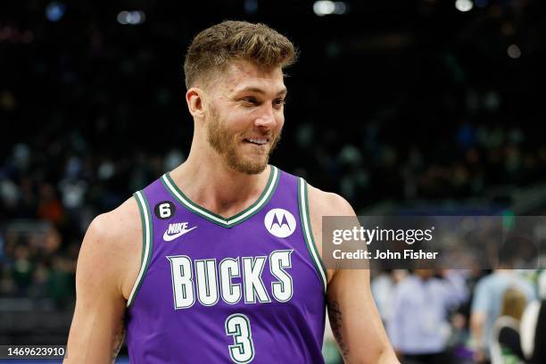 Meyers Leonard of the Milwaukee Bucks walks off the court in his first game back after a victory over the Miami Heat at Fiserv Forum on February 24,...