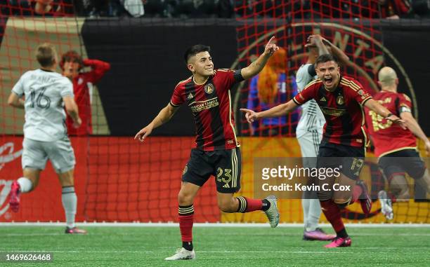 Thiago Almada of Atlanta United reacts after scoring the go-ahead goal on a free kick in stoppage time against the San Jose Earthquakes at...