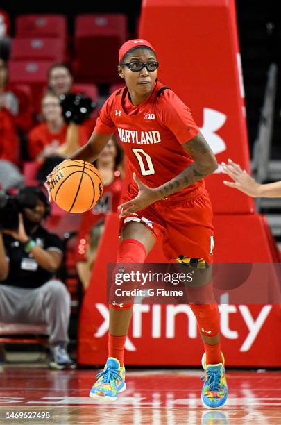 Shyanne Sellers of the Maryland Terrapins handles the ball against the Iowa Hawkeyes at Xfinity Center on February 21, 2023 in College Park, Maryland.