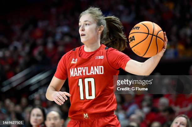 Abby Meyers of the Maryland Terrapins handles the ball against the Iowa Hawkeyes at Xfinity Center on February 21, 2023 in College Park, Maryland.