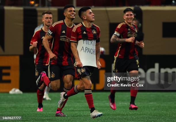Thiago Almada of Atlanta United reacts after scoring the tying goal in stoppage time against the San Jose Earthquakes at Mercedes-Benz Stadium on...