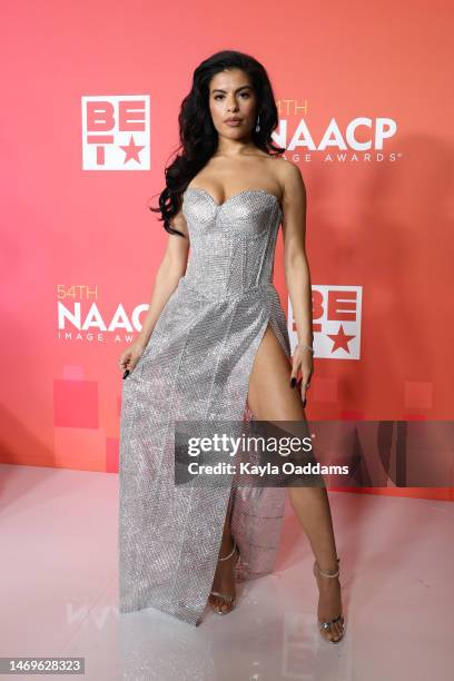 Psalms Salazar poses in the press room during the 54th NAACP Image Awards at Pasadena Civic Auditorium on February 25, 2023 in Pasadena, California.