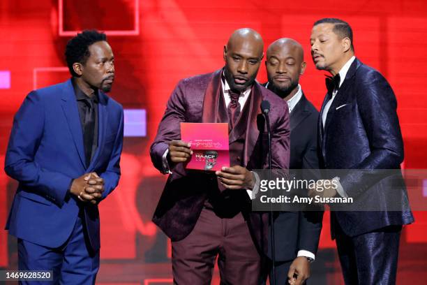 Harold Perrineau, Morris Chestnut, Taye Diggs, and Terrence Howard speak onstage during the 54th NAACP Image Awards at Pasadena Civic Auditorium on...