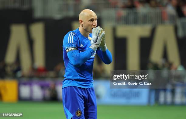 Goalkeeper Brad Guzan reacts against the San Jose Earthquakes during the second half at Mercedes-Benz Stadium on February 25, 2023 in Atlanta,...