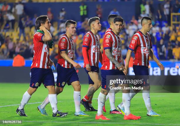 Players of Chivas celebrate after the 9th round match between Tigres UANL and Chivas as part of the Torneo Clausura 2023 Liga MX at Universitario...