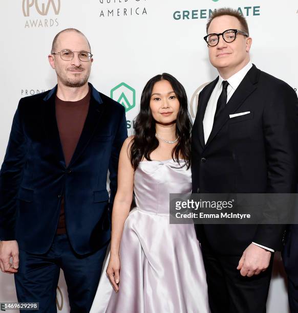 Darren Aronofsky, Hong Chau, and Brendan Fraser attend the 2023 Producers Guild Awards at The Beverly Hilton on February 25, 2023 in Beverly Hills,...