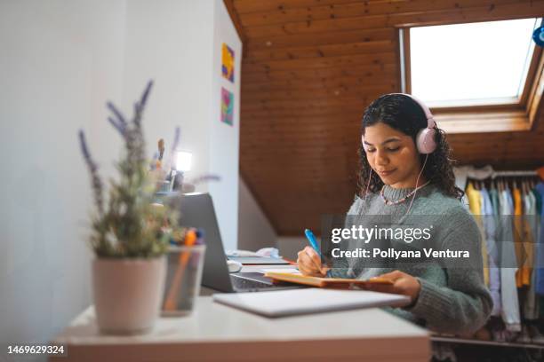 teenager girl studying online at home - bright future stock pictures, royalty-free photos & images