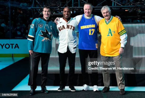 Former San Jose Shark Patrick Marleau stands with Bay Area Hall of Famers former San Francisco Giant Barry Bonds, former Golden State Warrior Chris...