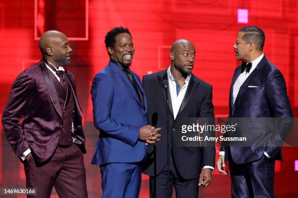 Morris Chestnut, Harold Perrineau, Taye Diggs, and Terrence Howard speak onstage during the 54th NAACP Image Awards at Pasadena Civic Auditorium on...