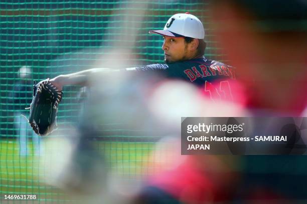 Pitcher Yu Darvish of Samurai Japan throws during his pitching practice prior to the practice game between Samurai Japan and Fukuoka SoftBank Hawks...