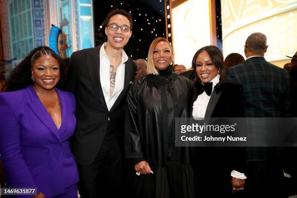 Cherelle Griner, Brittney Griner, host Queen Latifah, and Eboni Nichols attend the 54th NAACP Image Awards at Pasadena Civic Auditorium on February...