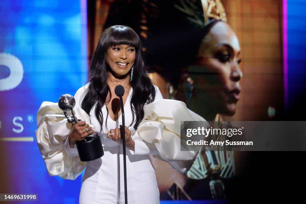 Angela Bassett accepts the Entertainer Of The Year award onstage during the 54th NAACP Image Awards at Pasadena Civic Auditorium on February 25, 2023...