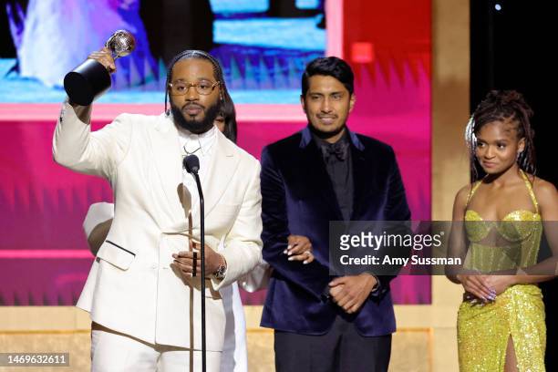 Ryan Coogler, Tenoch Huerta, and Dominique Thorne accept the Outstanding Motion Picture award for "Black Panther: Wakanda Forever" onstage during the...