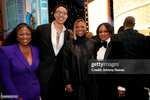 Cherelle Griner, Brittney Griner, host Queen Latifah, and Eboni Nichols attend the 54th NAACP Image Awards at Pasadena Civic Auditorium on February...