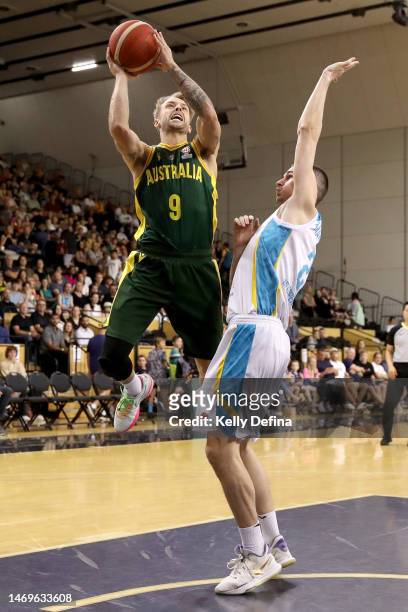 Nathan Sobey of Australia drives to the basket during the FIBA World Cup Qualification match between Australia Boomers and Kazakhstan at State...