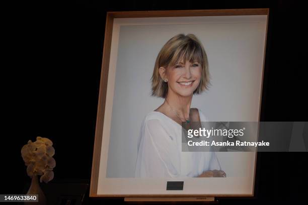 Portrait of Olivia Newton-John on display ahead of the Memorial Service for Olivia Newton-John at Hamer Hall on February 26, 2023 in Melbourne,...
