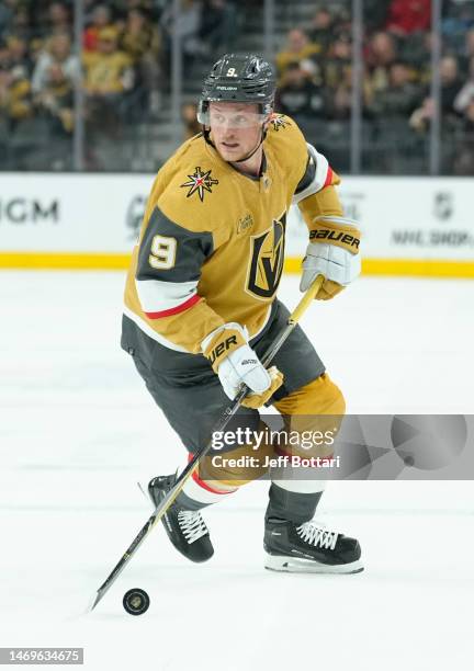 Jack Eichel of the Vegas Golden Knights skates during the first period against the Dallas Stars at T-Mobile Arena on February 25, 2023 in Las Vegas,...