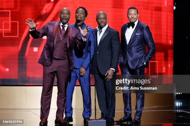 Morris Chestnut, Harold Perrineau, Taye Diggs, and Terrence Howard speak onstage during the 54th NAACP Image Awards at Pasadena Civic Auditorium on...