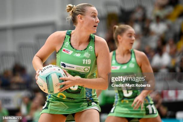 Sasha Glasgow of the Fever competes for the ball during the 2023 Team Girls Cup match between West Coast Fever and Adelaide Thunderbirds at Gold...