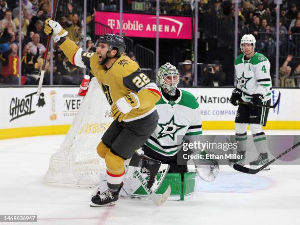 Michael Amadio of the Vegas Golden Knights celebrates his second-period goal against Jake Oettinger of the Dallas Stars during their game at T-Mobile...