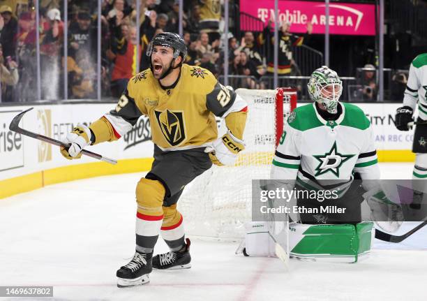 Michael Amadio of the Vegas Golden Knights celebrates his second-period goal against Jake Oettinger of the Dallas Stars during their game at T-Mobile...