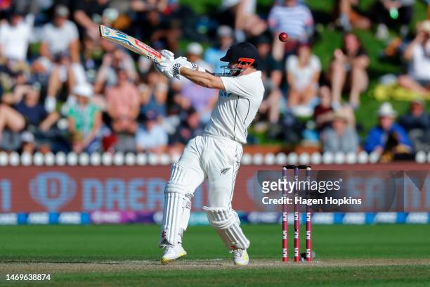Henry Nicholls of New Zealand bats during day three of the Second Test Match between New Zealand and England at Basin Reserve on February 26, 2023 in...