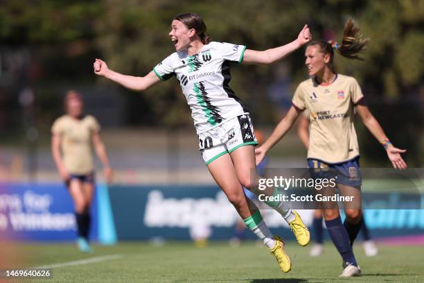 Kahli Johnson of Western United celebrates a goal during the round 15 A-League Women's match between Newcastle Jets and Western United at No. 2...