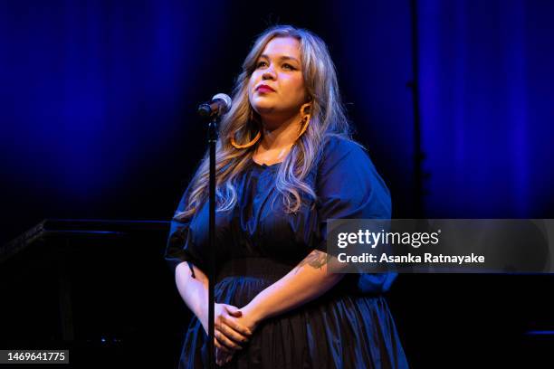 Singer Bumpy performs during the Memorial Service for Olivia Newton-John at Hamer Hall on February 26, 2023 in Melbourne, Australia.