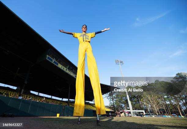 Dakota Albritton of the Savannah Bananas walks on stilts prior to their home opener against the Party Animals at Grayson Stadium on February 25, 2023...