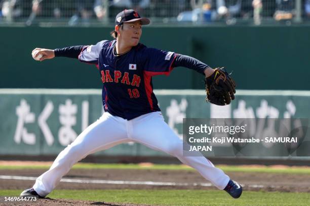 Pitcher Yoshinobu Yamamoto of Samurai Japan in the second inning during the practice game between Samurai Japan and Fukuoka SoftBank Hawks at Hinata...