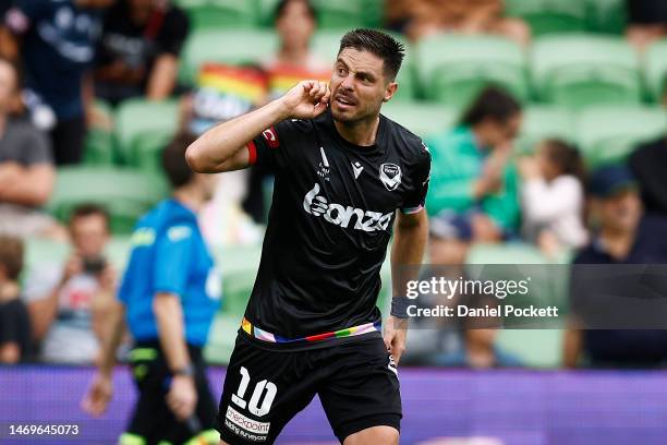 Bruno Fornaroli of the Victory celebrates kicking a penalty goal during the round 18 A-League Men's match between Melbourne Victory and Adelaide...