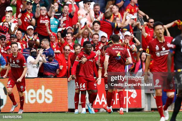 Nestory Irankunda of Adelaide United celebrates kicking a goal during the round 18 A-League Men's match between Melbourne Victory and Adelaide United...