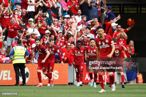 Nestory Irankunda of Adelaide United celebrates kicking a goal during the round 18 A-League Men's match between Melbourne Victory and Adelaide United...