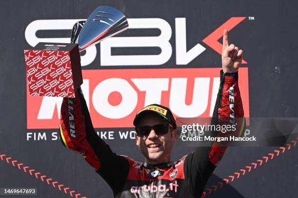 Alvaro Bautista of Spain celebrates after riding the team Aruba.It Racing Ducati Panigale V4R to victory in Race 2 during the 2022 MOTUL FIM...