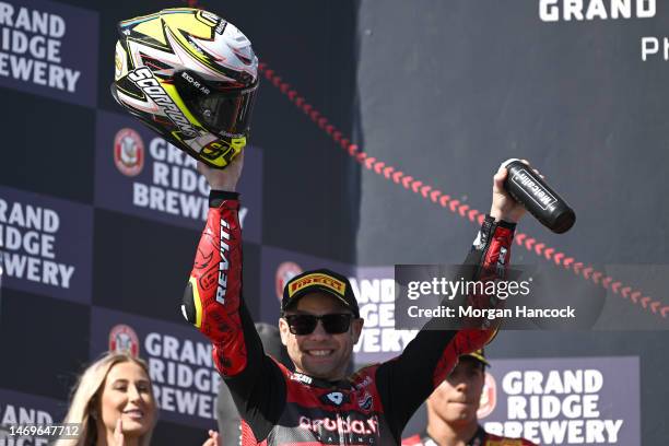 Alvaro Bautista of Spain celebrates after riding the team Aruba.It Racing Ducati Panigale V4R to victory in Race 2 during the 2022 MOTUL FIM...
