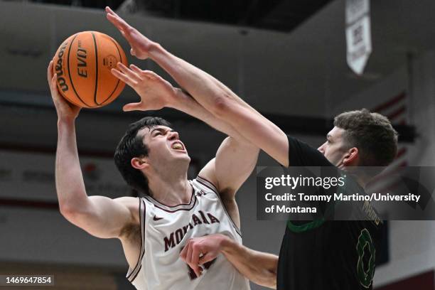 Josh Bannan of the Montana Grizzlies looks to shoot over Hunter Marks of the Sacramento State Hornets at Dahlberg Arena on February 25, 2023 in...