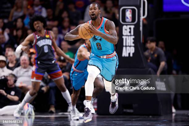 Terrence Ross of the Phoenix Suns passes the ball during the game against the Oklahoma City Thunder at Footprint Center on February 24, 2023 in...