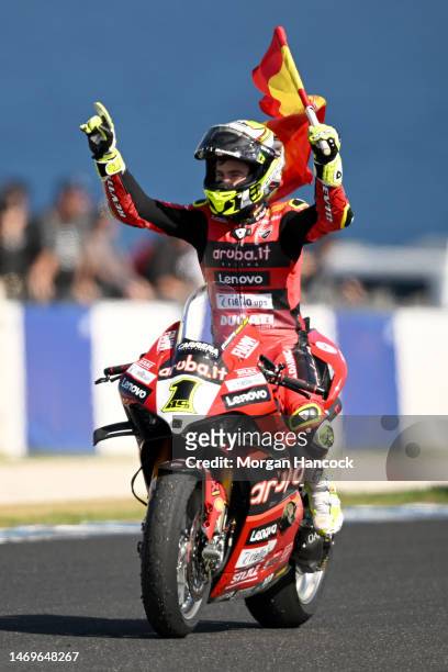 Alvaro Bautista of Spain celebrates after riding the team Aruba.It Racing Ducati Panigale V4R to victory in Race 2 during the 2022 MOTUL FIM...