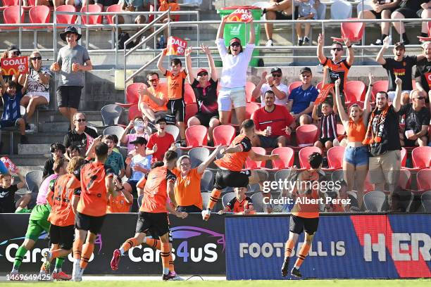 Tom Aldred of Brisbane celebrates scoring a goal during the round 18 A-League Men's match between Brisbane Roar and Perth Glory at Kayo Stadium, on...