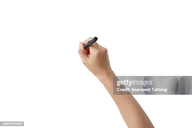 young woman holding pen on white background, closeup - human arm stock pictures, royalty-free photos & images