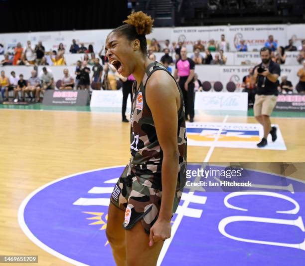 Tianna Hawkins of the Fire celebrates after winning the round 15 WNBL match between Townsville Fire and Sydney Flames at Townsville Entertainment...