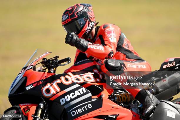 Nicolo Bulega of Italy celebrates riding the Aruba Racing WorldSSP Team bike to victory in Race 2 of World Supersport during the 2022 MOTUL FIM...