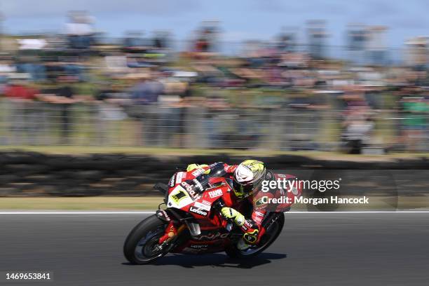 Alvaro Bautista of Spain rides the team Aruba.It Racing Ducati Panigale V4R in Race 2 during the 2022 MOTUL FIM Superbike World Championship Phillip...