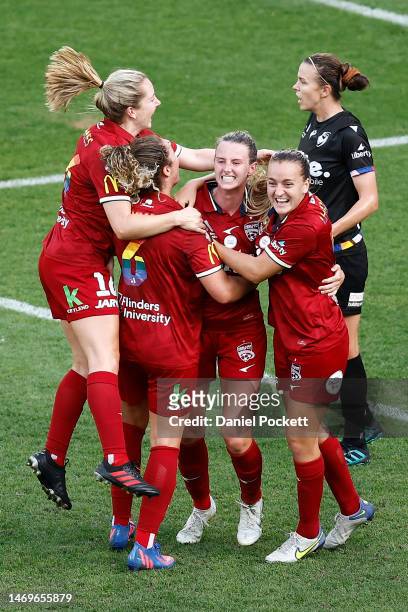 Chelsie Dawber of Adelaide United celebrates kicking a goal during the round 15 A-League Women's match between Melbourne Victory and Adelaide United...