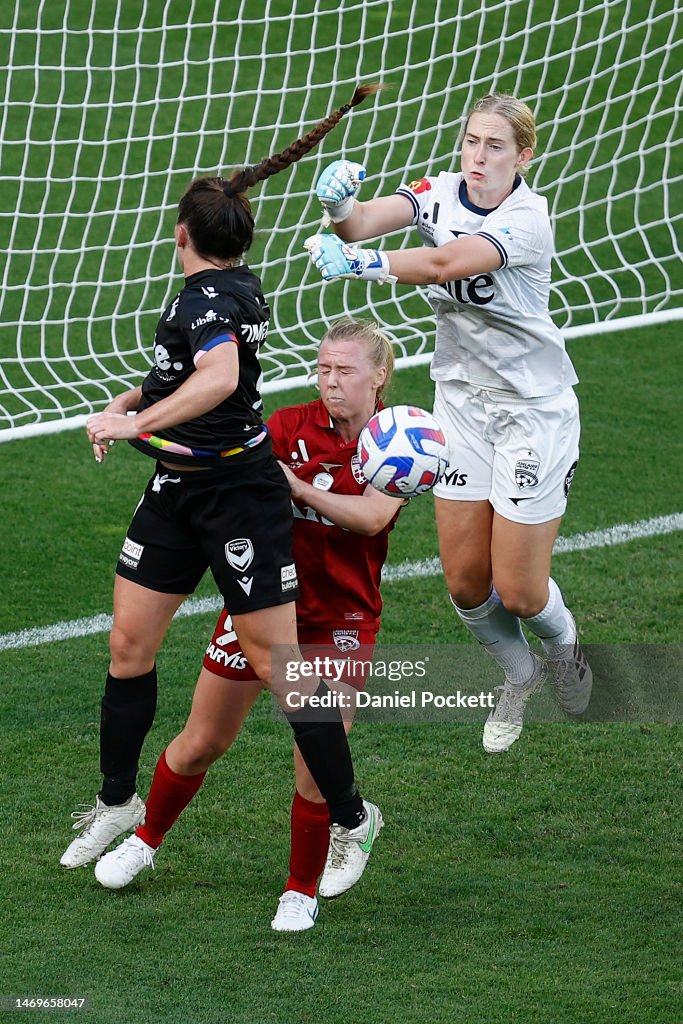 Annalee Rippe Adelaide United goalkeeper Annalee Grove saves a goal attempt during ...