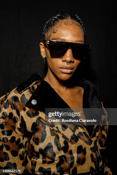 Model poses backstage at the Philipp Plein fashion show during the Milan Fashion Week Womenswear Fall/Winter 2023/2024 on February 25, 2023 in Milan,...