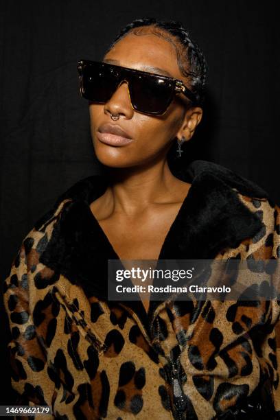 Model poses backstage at the Philipp Plein fashion show during the Milan Fashion Week Womenswear Fall/Winter 2023/2024 on February 25, 2023 in Milan,...